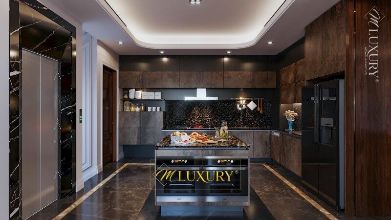 Sắp xếp nội thất phòng bếp biệt thự cao cấp phong cách hiện đại, tinh tế